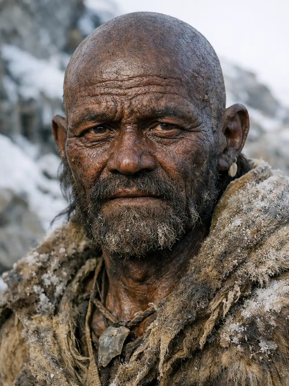 Oetzi-Rekonstruktion Ein wettergegerbter Mann mit Bart, der Pelzkleidung trägt, steht im Freien in einer verschneiten, felsigen Umgebung.