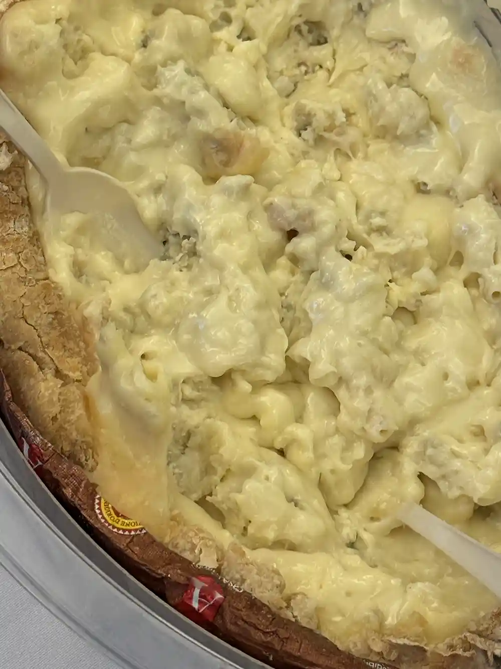 Nahaufnahme eines cremigen Makkaroni-Käse-Gerichts mit einer knusprigen Kruste, serviert mit einem Plastiklöffel.