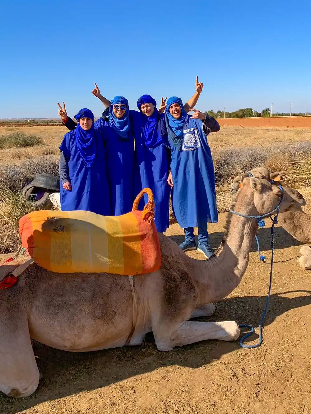 Vier Personen in blauer Kleidung posieren und lächeln hinter einem sitzenden Kamel in einer trockenen, offenen Landschaft unter blauem Himmel.