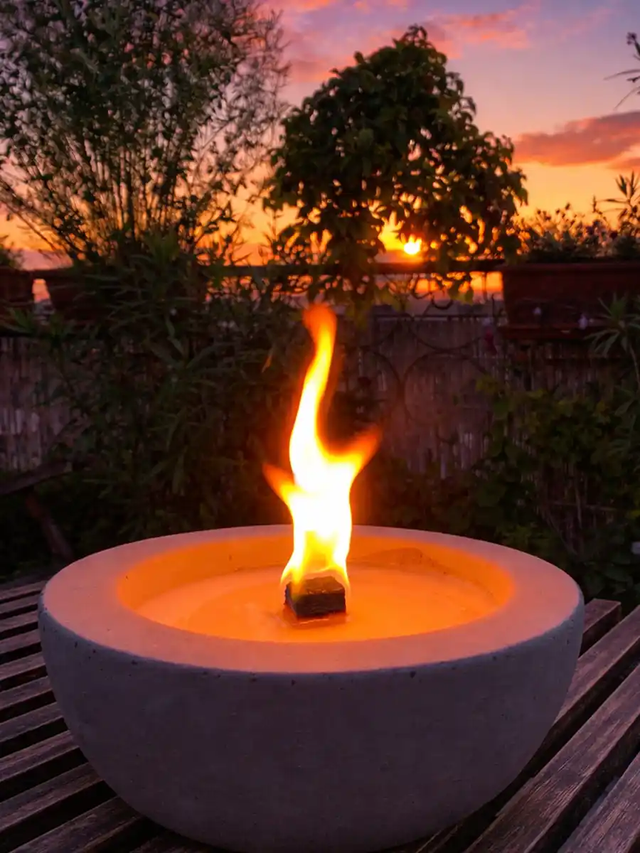 Feuer-Balkon-Betonschale-2 Ein Feuer brennt in einer Steinschale auf einem Holztisch, mit einem Sonnenuntergang und Bäumen im Hintergrund.