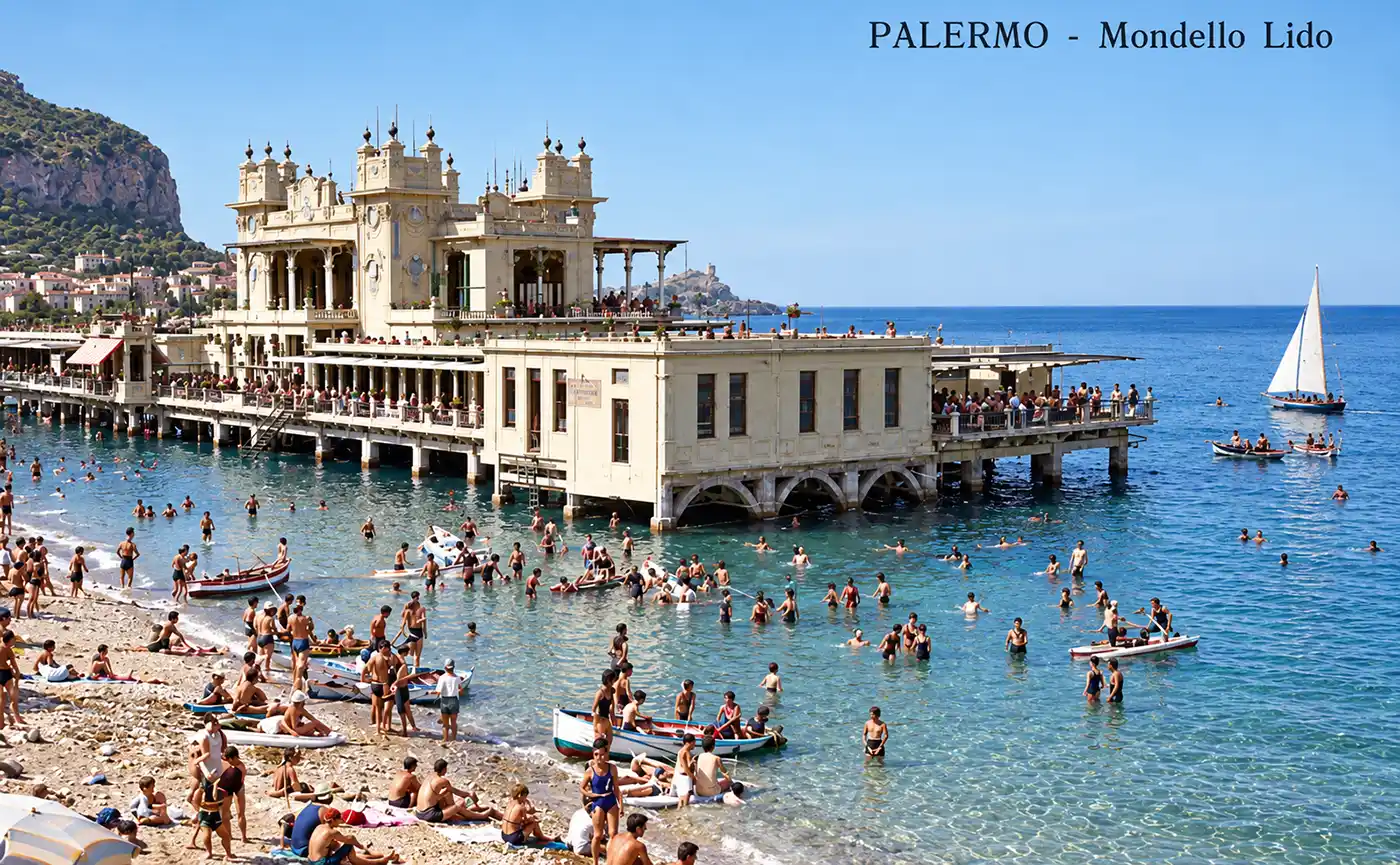 Vintage-Foto von Palermos Mondello Lido mit schwimmenden Menschen und einem Gebäude auf Stelzen über dem Wasser.