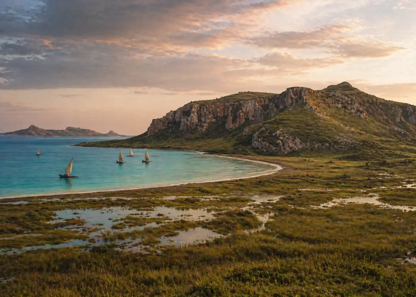 Ruhige Bucht mit Segelbooten, felsigen Hügeln und sumpfigem Ufer unter einem wolkenverhangenen Himmel bei Sonnenuntergang.