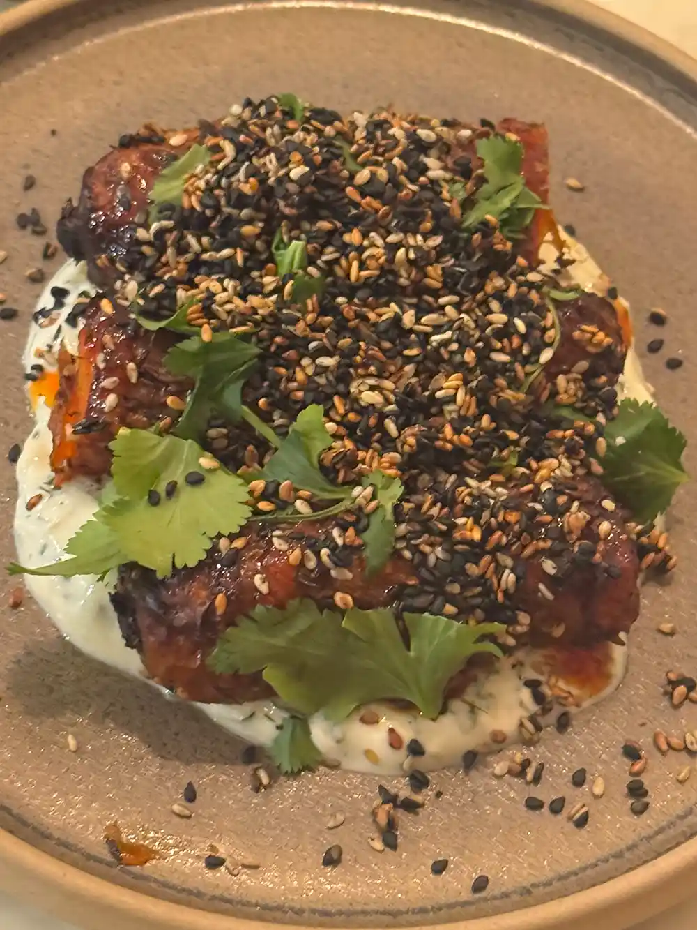 Gegrilltes Fleisch auf cremiger Sauce, garniert mit schwarzem und weißem Sesam und frischem Koriander auf einer braunen Platte.