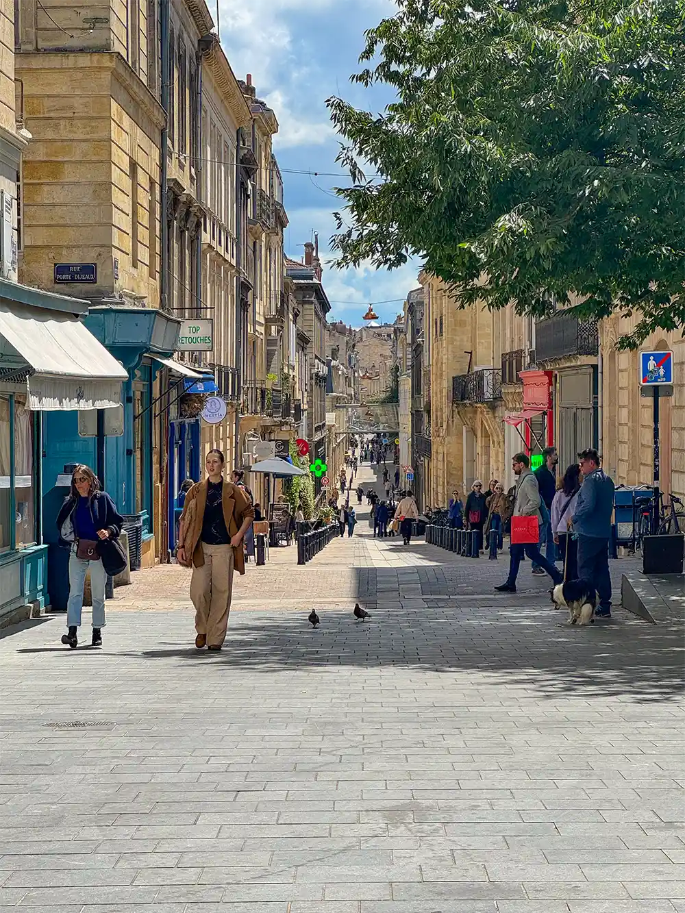 Fußgängerzone in Bordeaux mit Spaziergängern, Geschäften, Bäumen und alten Gebäuden an einem sonnigen Tag.