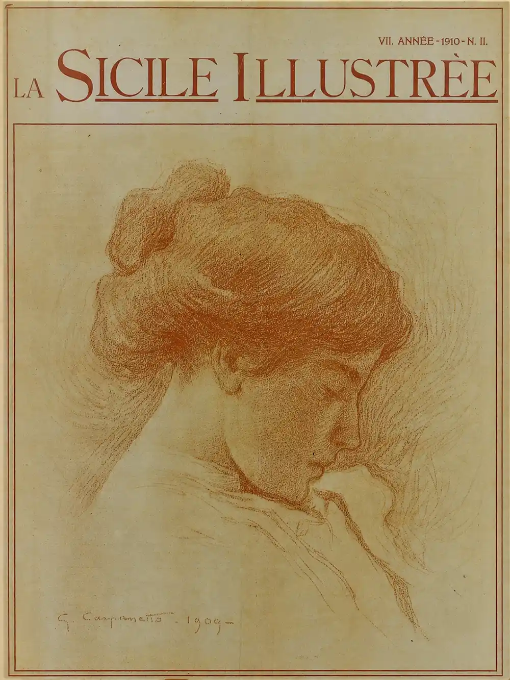 Rötelzeichnung eines Frauenkopfes, darüber der Titel "La Sicile Illustrèe"