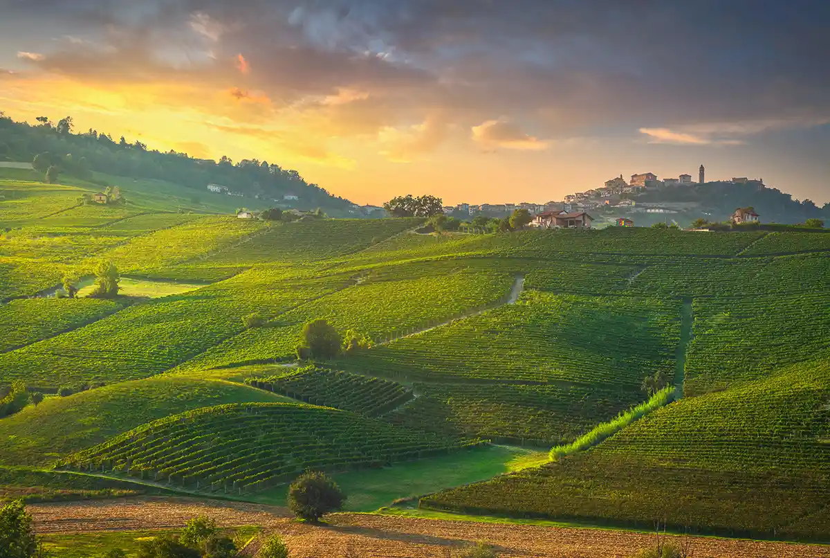 Langhe-Landschaft-Piemont Sanfte grüne Hügel und Weinberge bei Sonnenuntergang, mit einem entfernten Dorf auf einem Hügel unter einem farbenfrohen Himmel.