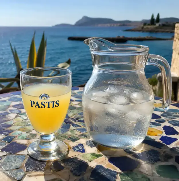 Ein Glas Pastis und ein Krug mit Eiswasser auf einem Mosaiktisch am Meer mit den Bergen im Hintergrund.