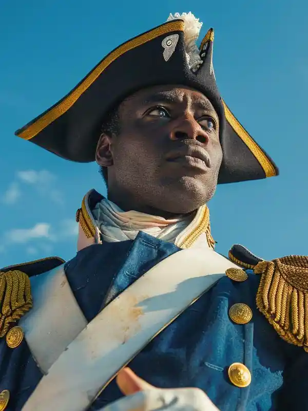 Ein Mann in blauer Militäruniform und Dreispitz schaut in die Ferne vor einem blauen Himmel.