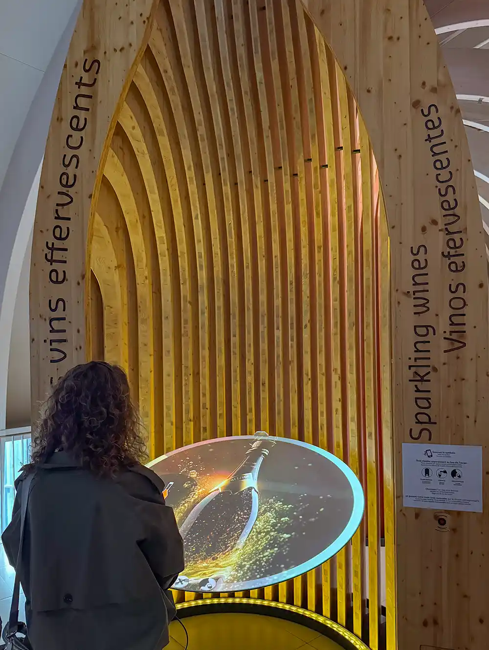 Eine Person betrachtet eine Ausstellung über Schaumweine mit einer Flaschenauslage und einer hölzernen Bogenkonstruktion.