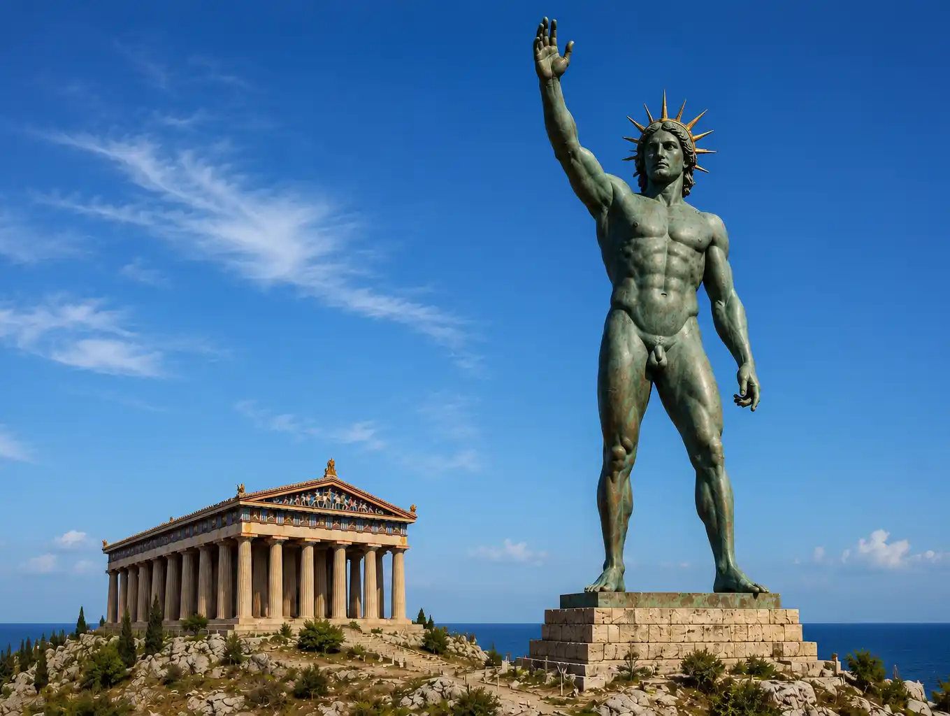 Unter blauem Himmel steht neben einem antiken griechischen Tempel eine riesige, unbekleidete Bronzestatue mit erhobener Hand und einer Strahlenkrone