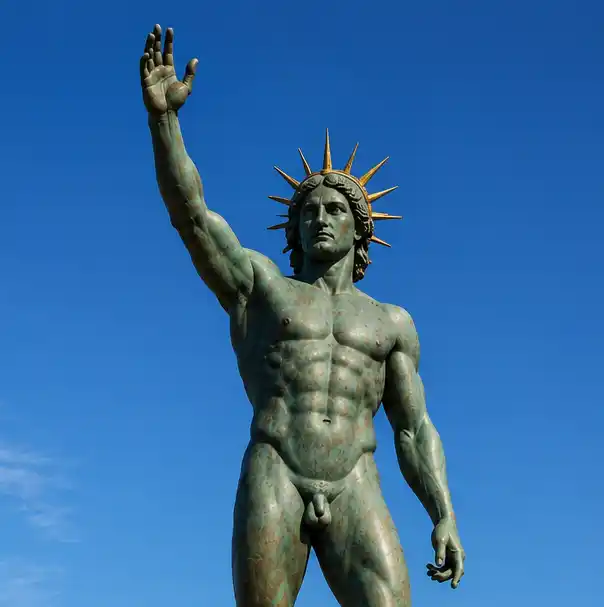 Bronzestatue eines nackten Mannes mit einer Sonnenkrone, der seinen rechten Arm hebt, vor einem strahlend blauen Himmel.