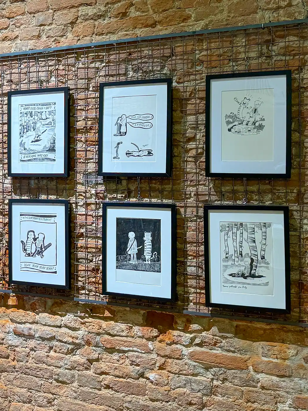 An einer Backsteinwand mit einem Metallgitter hängen sechs gerahmte Schwarz-Weiß-Cartoonzeichnungen.