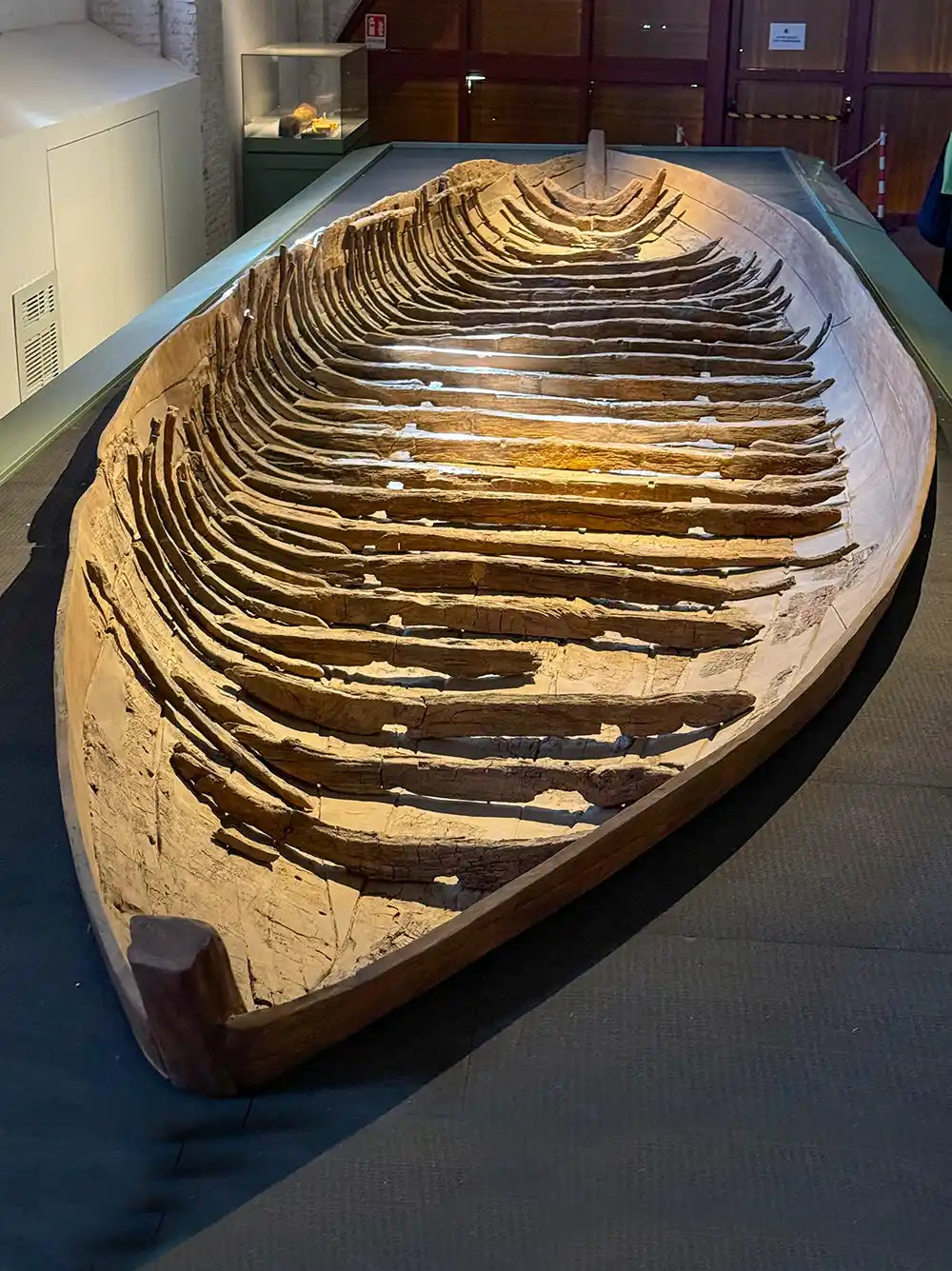 Ein uraltes, in einem Museum ausgestelltes Skelett eines Holzbootrumpfs, an dem Spanten und Planken zu erkennen sind.