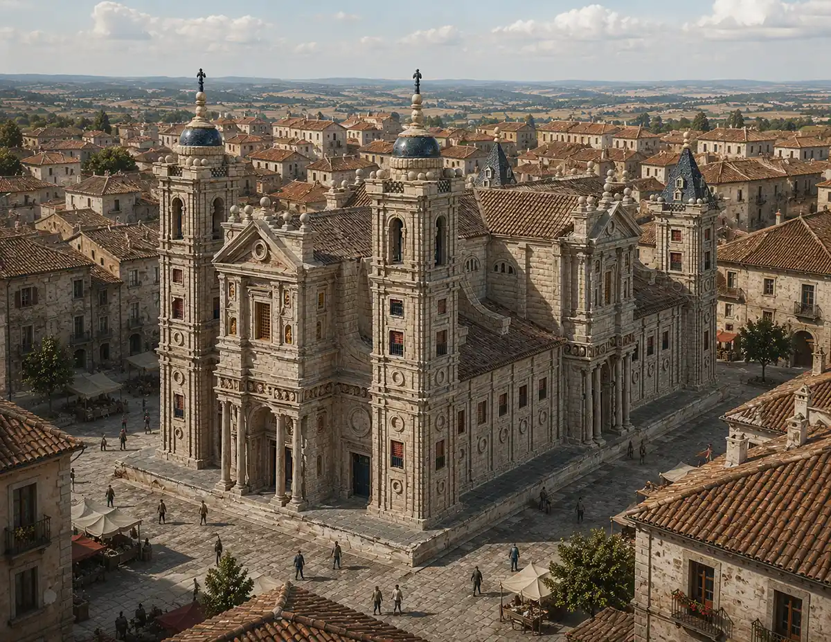 Valladolid-Kathedrale-Modell Auf einem historischen Stadtplatz, umgeben von alten Gebäuden, steht eine große Steinkathedrale mit vier Türmen.