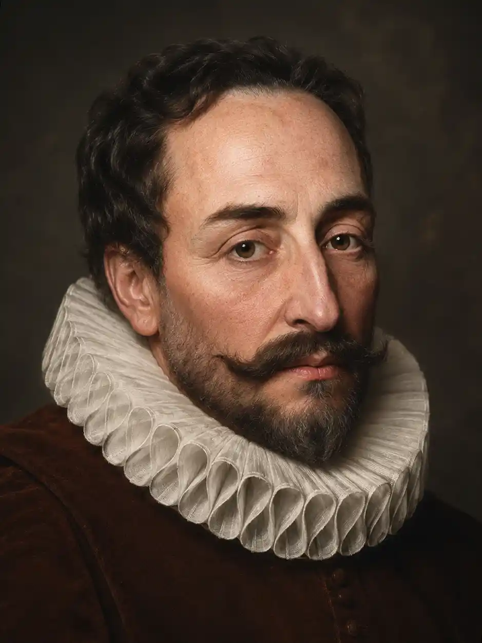Valladolid-Miguel-de-Cervantes Ein Mann mit dunklem Haar, einem Schnurrbart und einem gerüschten weißen Kragen, gekleidet in historische Kleidung, posiert feierlich.