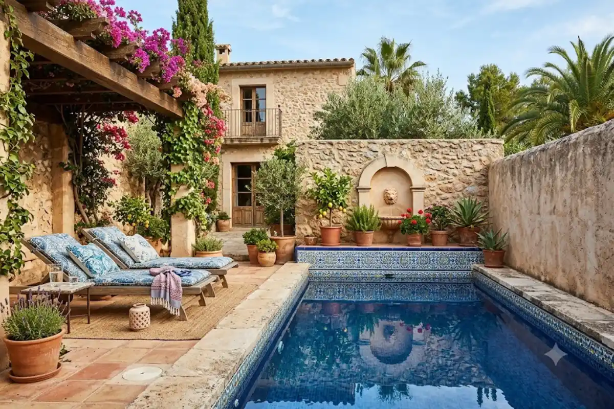 Ein gepflasterter Innenhof mit einem blau gekachelten Pool, Liegestühlen, Pflanzen, Blumen und einer rustikalen Villa im Hintergrund.