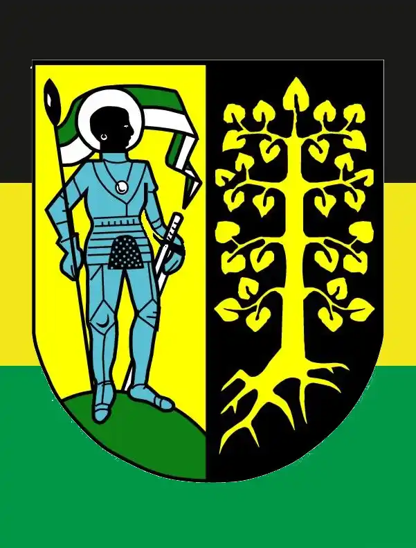 Wappen-Bad-Sulza-Heiliger-Mauritius Wappen mit einer gepanzerten Figur, die ein Banner hält, neben einem gelben Baum mit Wurzeln auf schwarzem Hintergrund.