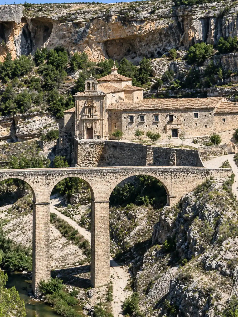 Cuenca-Puente-San-Pablo-Steinbruecke Ein Steincloister und eine Bogenbrücke überspannen eine felsige Schlucht, im Hintergrund sind üppige Vegetation und schroffe Felsen zu sehen.