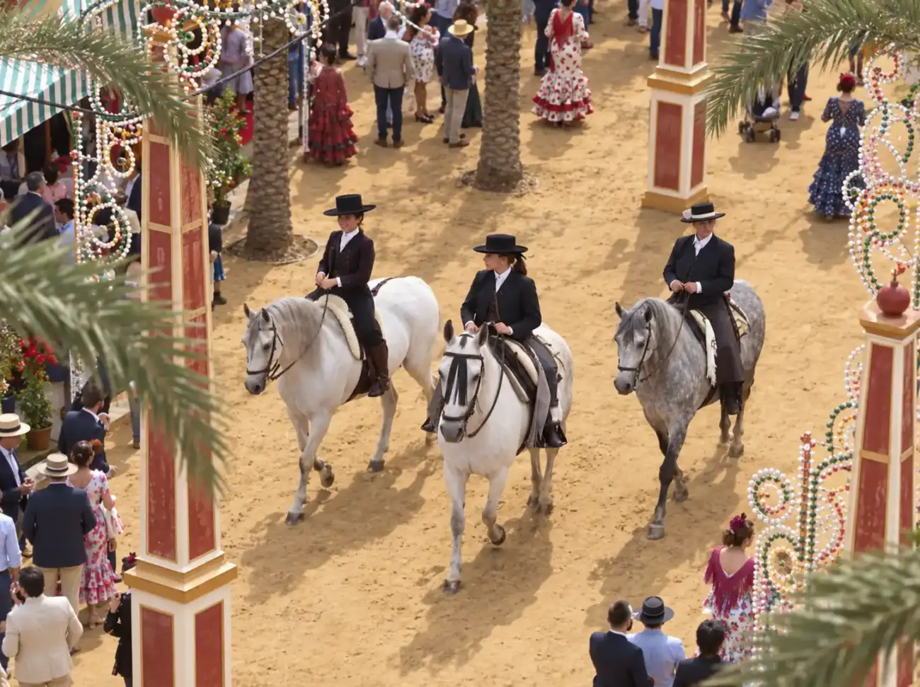 Drei Menschen in traditioneller Tracht reiten bei einer festlichen Veranstaltung im Freien, umgeben von Palmen und Dekorationen.