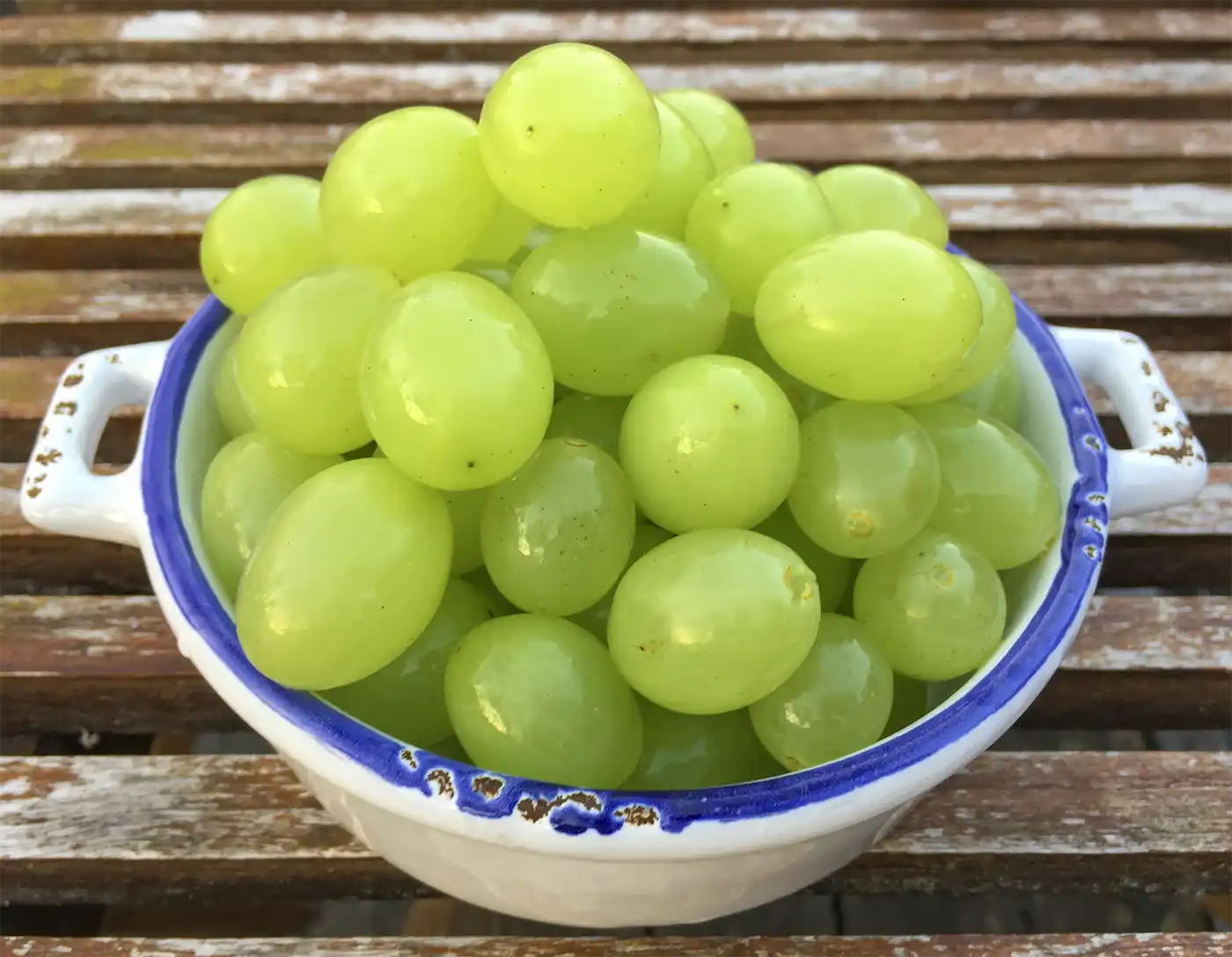 Italia-Tafeltrauben Auf einer Holzlattenunterlage steht eine Schale voller grüner Weintrauben.