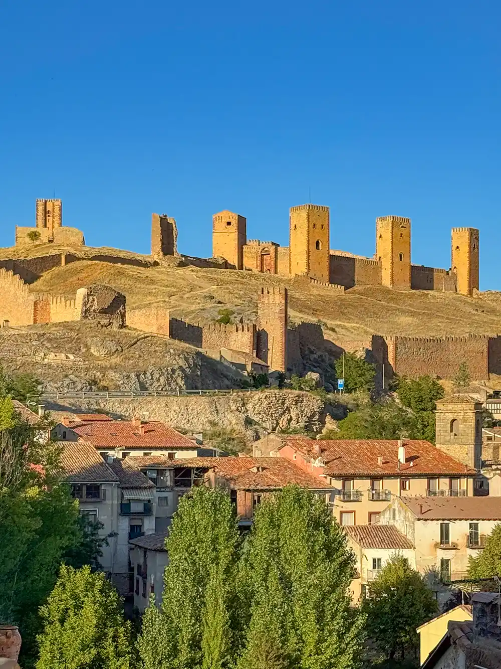 Auf einem Hügel über einer Stadt mit Häusern mit roten Dächern und grünen Bäumen unter einem strahlend blauen Himmel ragen die Türme einer Burg aus Stein empor.