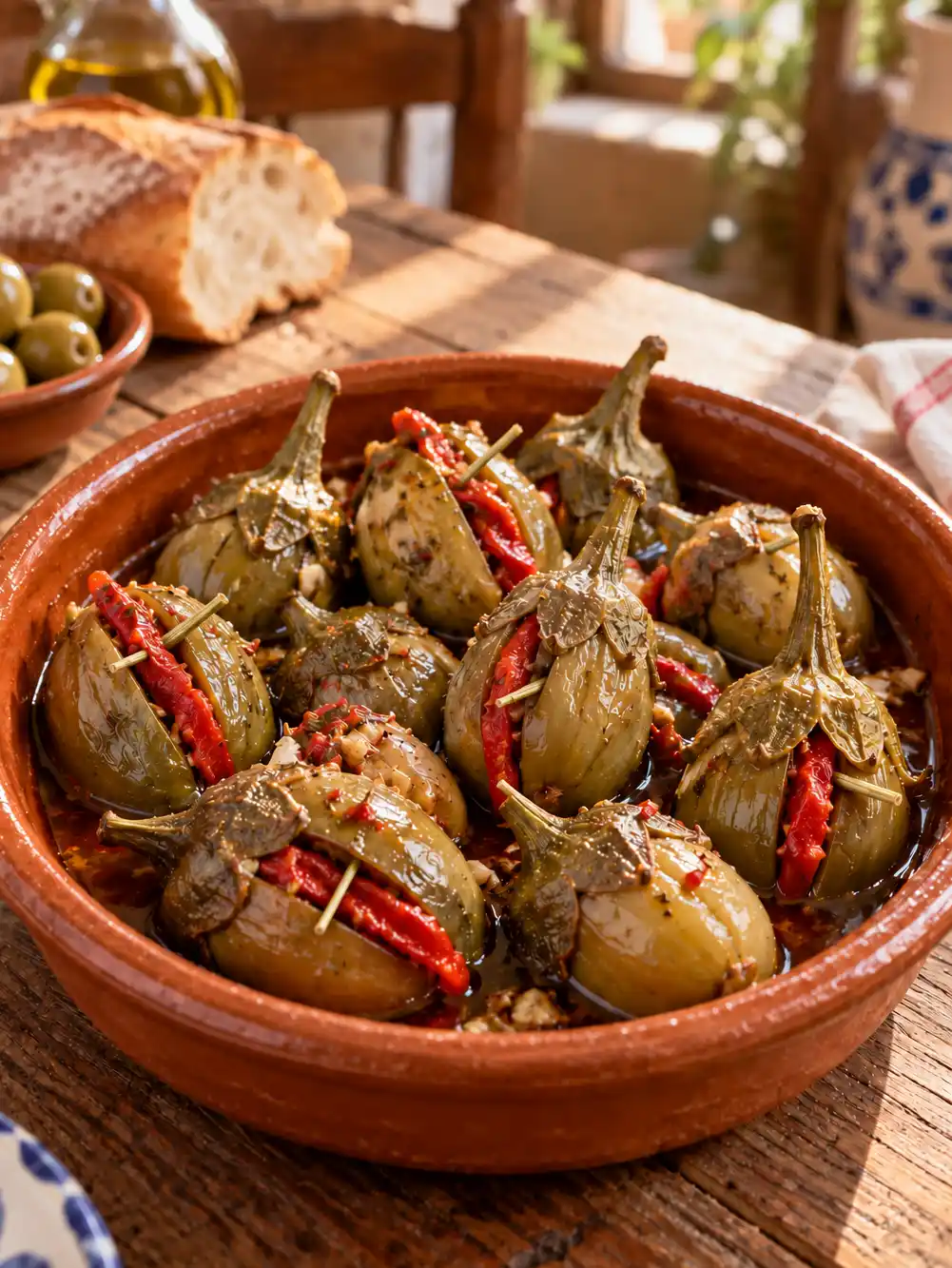 Gefüllte Baby-Auberginen in einer Terrakotta-Form mit Oliven und knusprigem Brot.