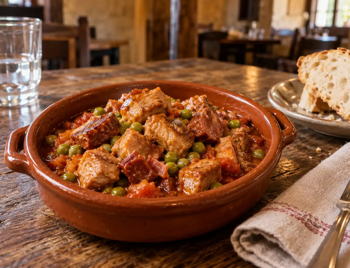Carcamusas-Toledo-Spezialitaet Ein Tontopf, gefüllt mit Schweinefleisch und Erbsen in einer Tomatensoße, serviert mit einer Beilage aus Brot.