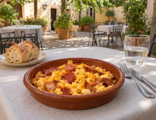 Ein Tontopf mit Rührei und Chorizo, serviert mit einer Beilage aus Brot und einem Glas Wasser auf einer Terrasse im Freien.
