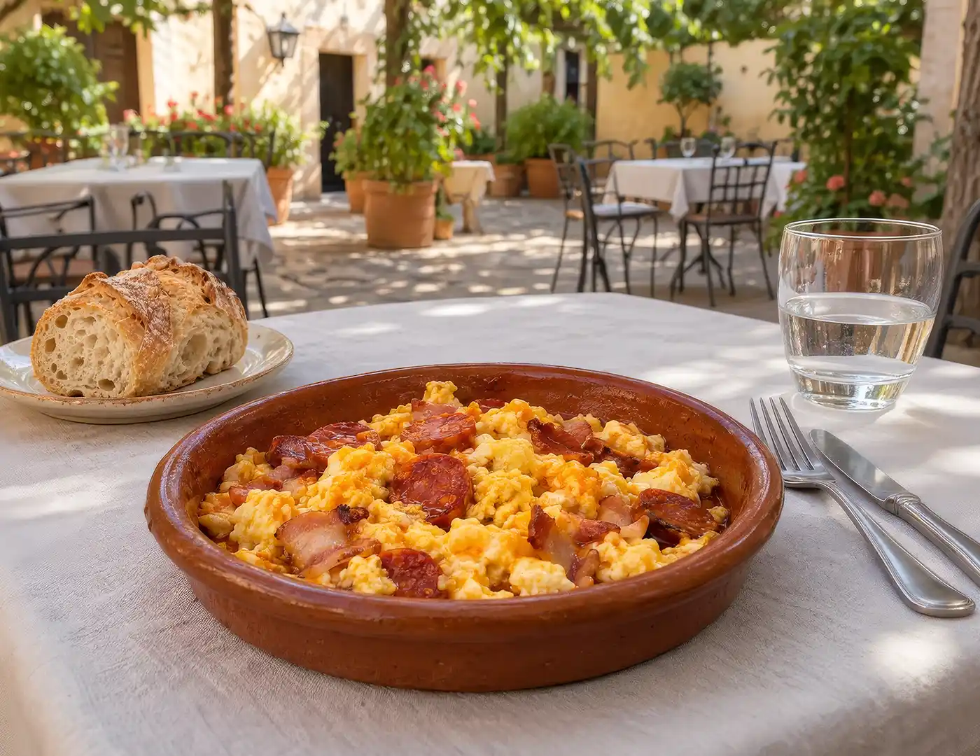 Ein Tontopf mit Rührei und Chorizo, serviert mit einer Beilage aus Brot und einem Glas Wasser auf einer Terrasse im Freien.