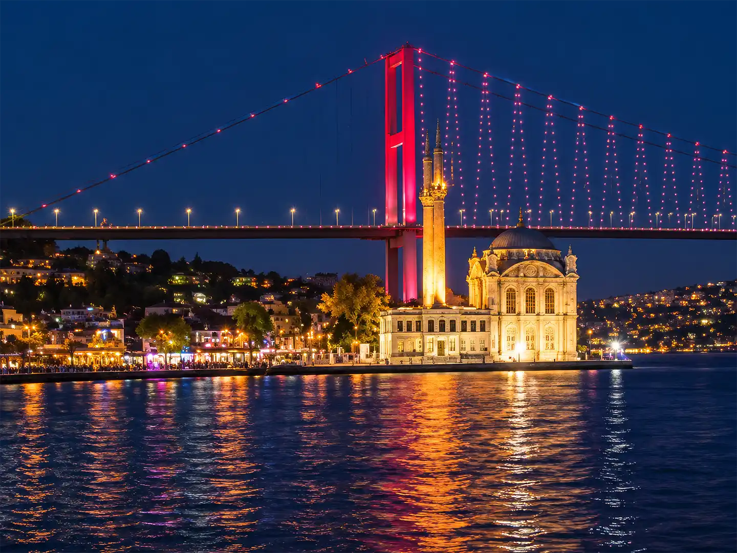 Istanbul-Bruecke Die beleuchtete Ortaköy-Moschee steht nachts am Ufer unter der leuchtenden Bosporus-Brücke.