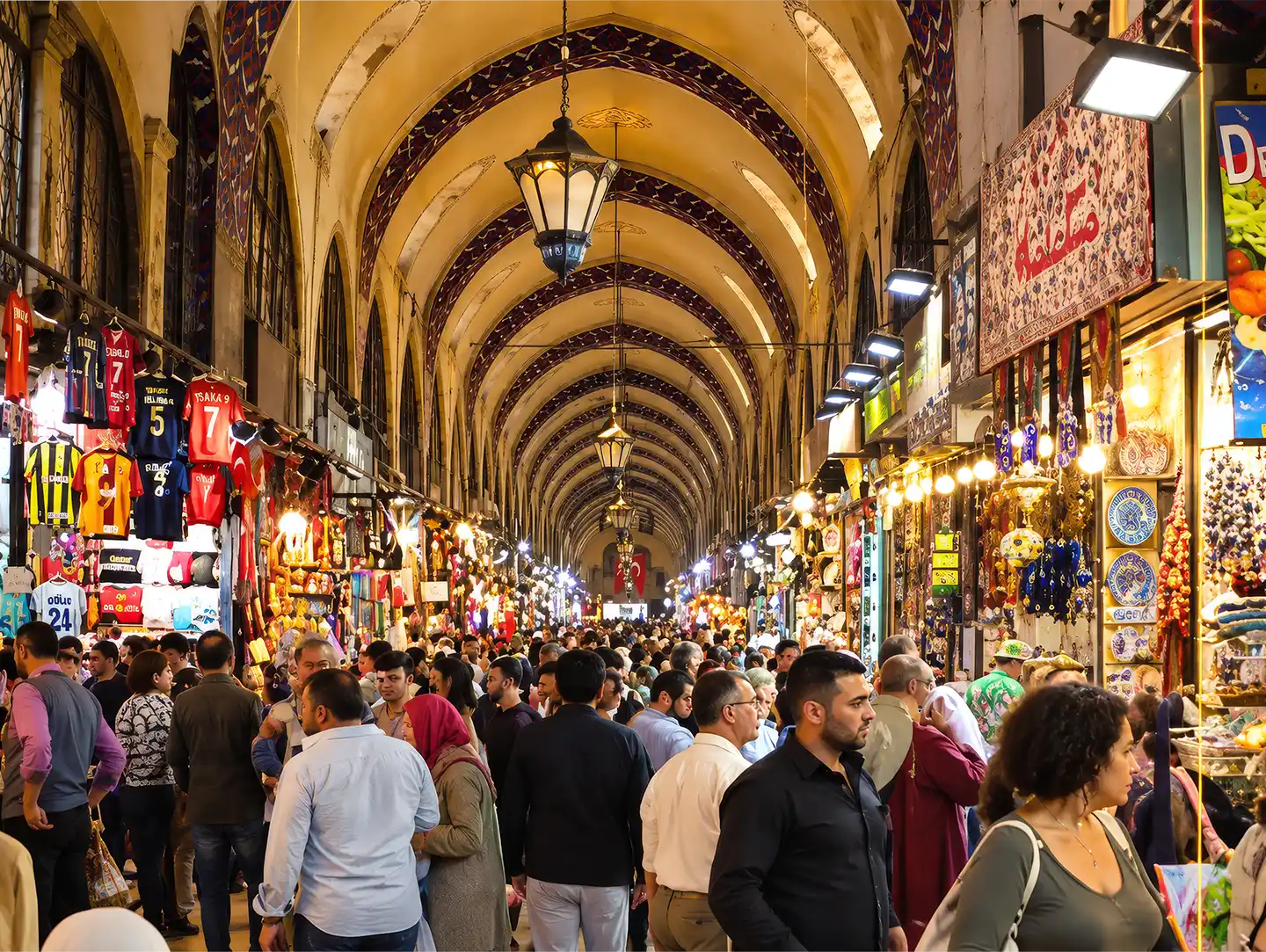 Istanbul-Gewuerzmarkt Eine belebte Markthalle mit Gewölbedecken, hängenden Laternen und Geschäften, die sich zu beiden Seiten aneinanderreihen.