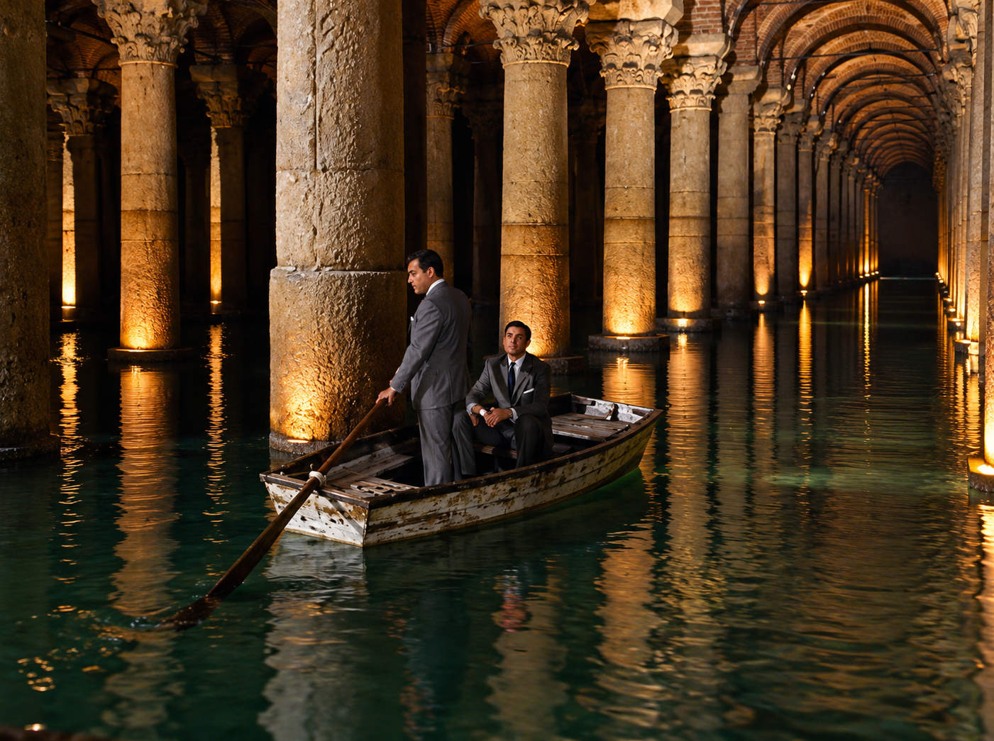 Istanbul-Zisterne-James-Bond-Russia-Love Zwei Männer in Anzügen rudern mit einem kleinen Boot durch die Cisterna Basilica.