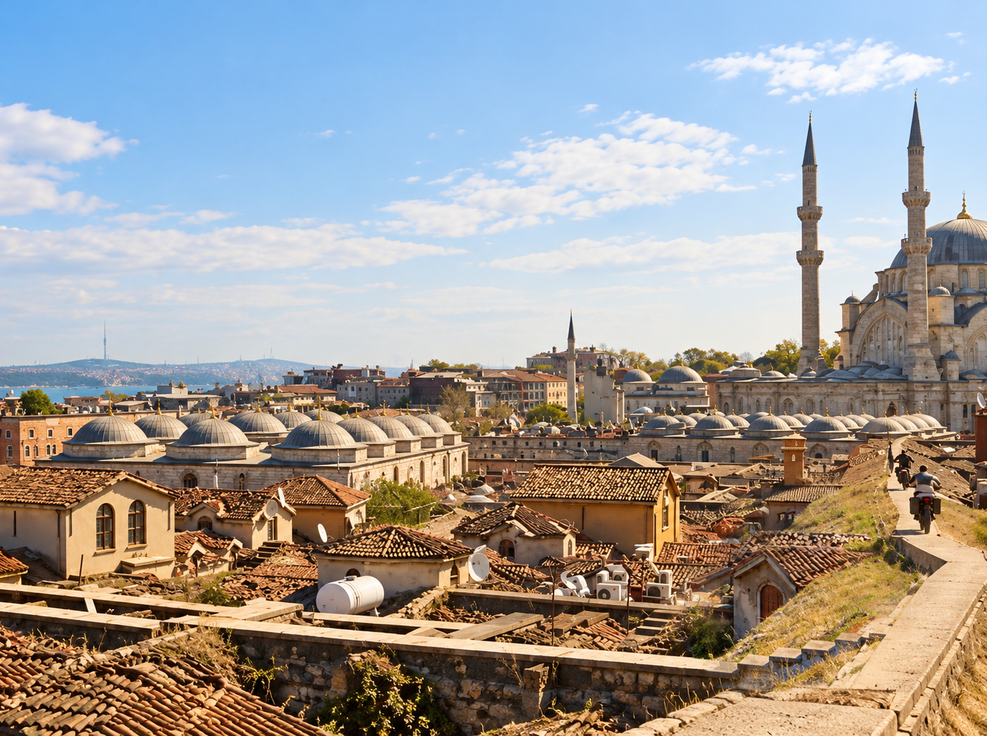 Istanbul-james-Bond-Skyfall-Daecher Blick über die Dächer von Istanbul mit einer Moschee und ihren Minaretten in der Ferne.