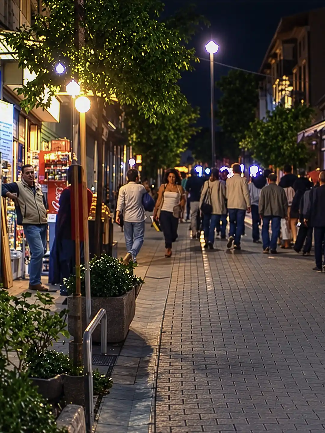 Istanbul_Beyoglu-abends Menschen, die nachts eine mit Ziegeln gepflasterte Fußgängerzone entlanggehen.