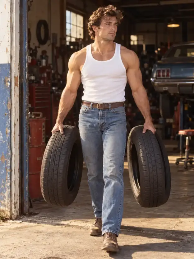 Ein muskulöser Mann in einem weißen Tanktop und Jeans kommt aus einer Garage und trägt in jeder Hand einen Reifen.