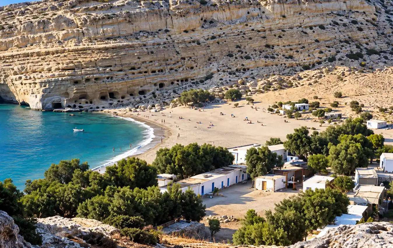 Der Strand von Matala auf Kreta mit türkisfarbenem Wasser, einem Sandstrand, alten Höhlen in den Klippen und weißen Gebäuden.