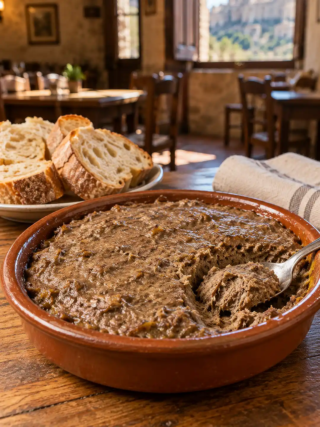 Morteruelo-Cuenca-Brot Eine Pastete in einer Tonschale mit einem Löffel, serviert mit Scheiben knusprigem Brot.