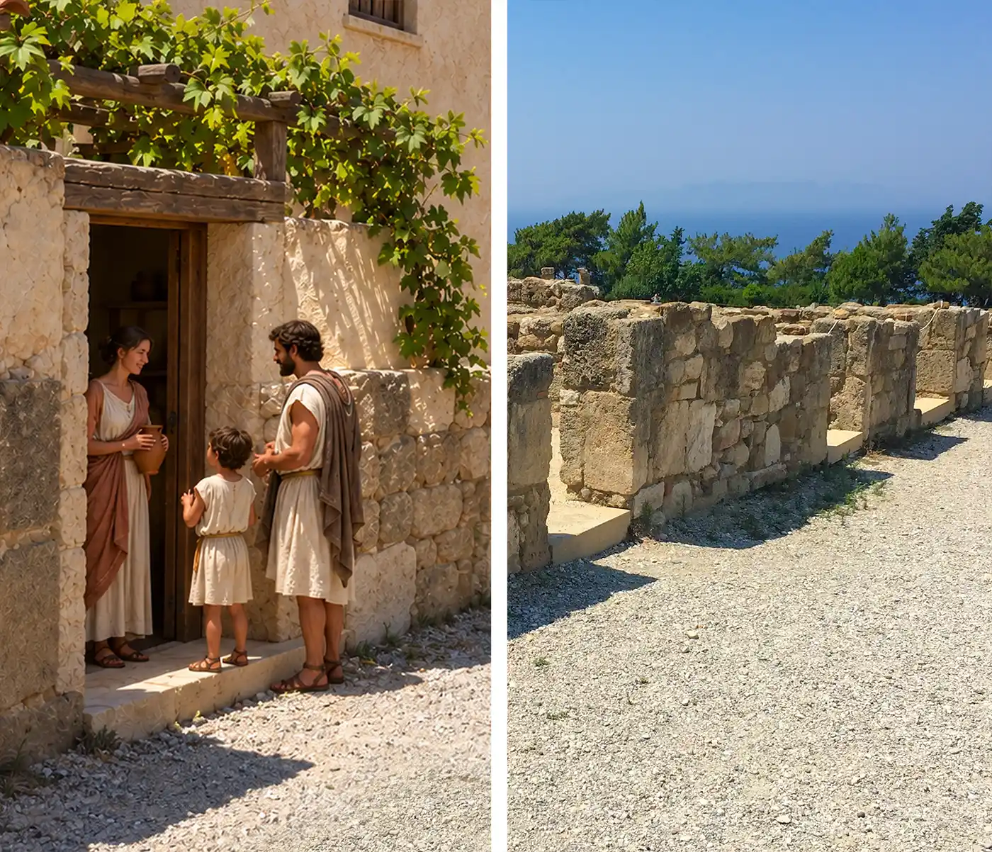 Eine Familie in traditioneller Kleidung steht in einem steinernen Torbogen neben Ruinen mit Blick auf das Meer.