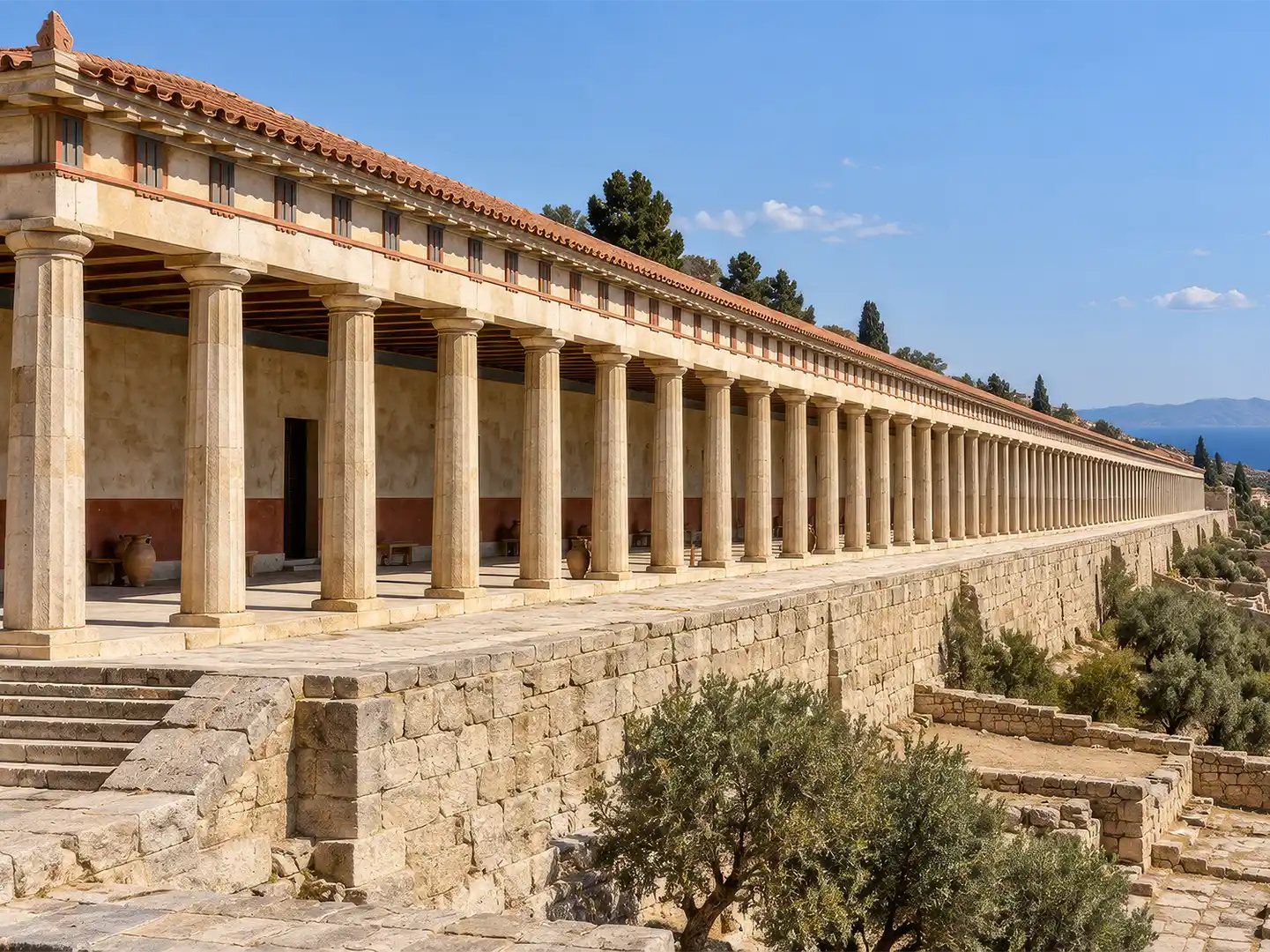 Rhodos-Kamiros-Stoa-Saeulenhalle KI-generiertes Bild der Stoa auf Kamiros, ein langes, antikes Säulengebäude.