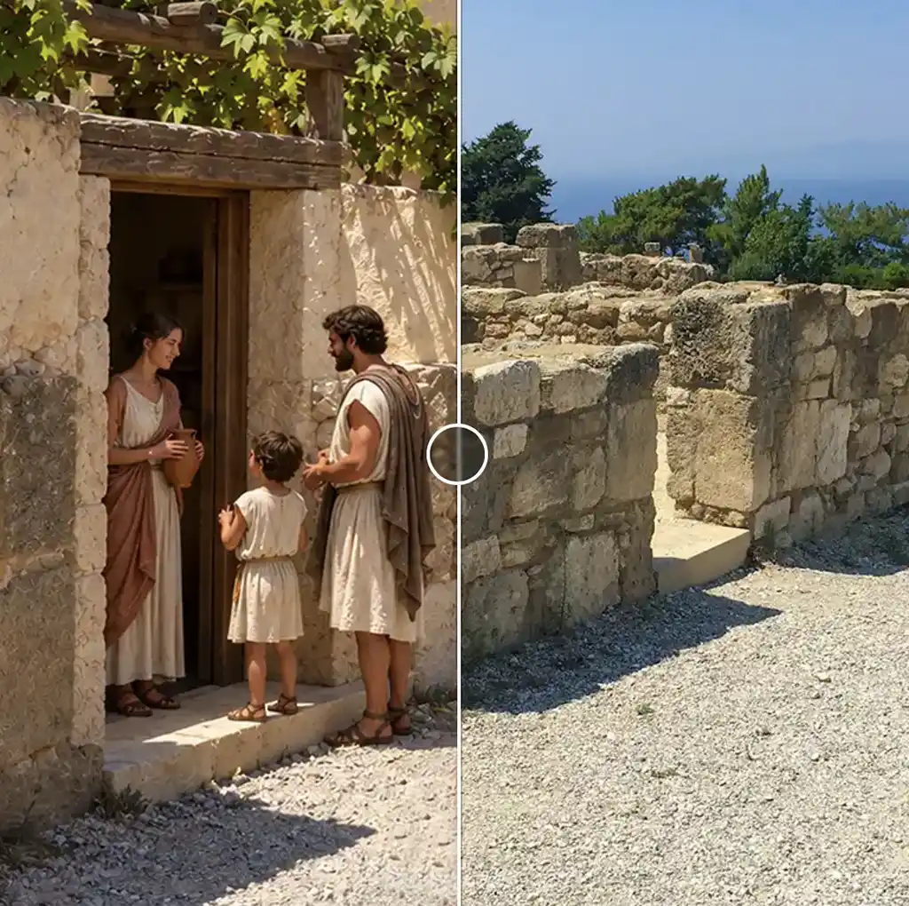 Eine Familie in traditioneller Kleidung steht in einem steinernen Torbogen neben Ruinen mit Blick auf das Meer.